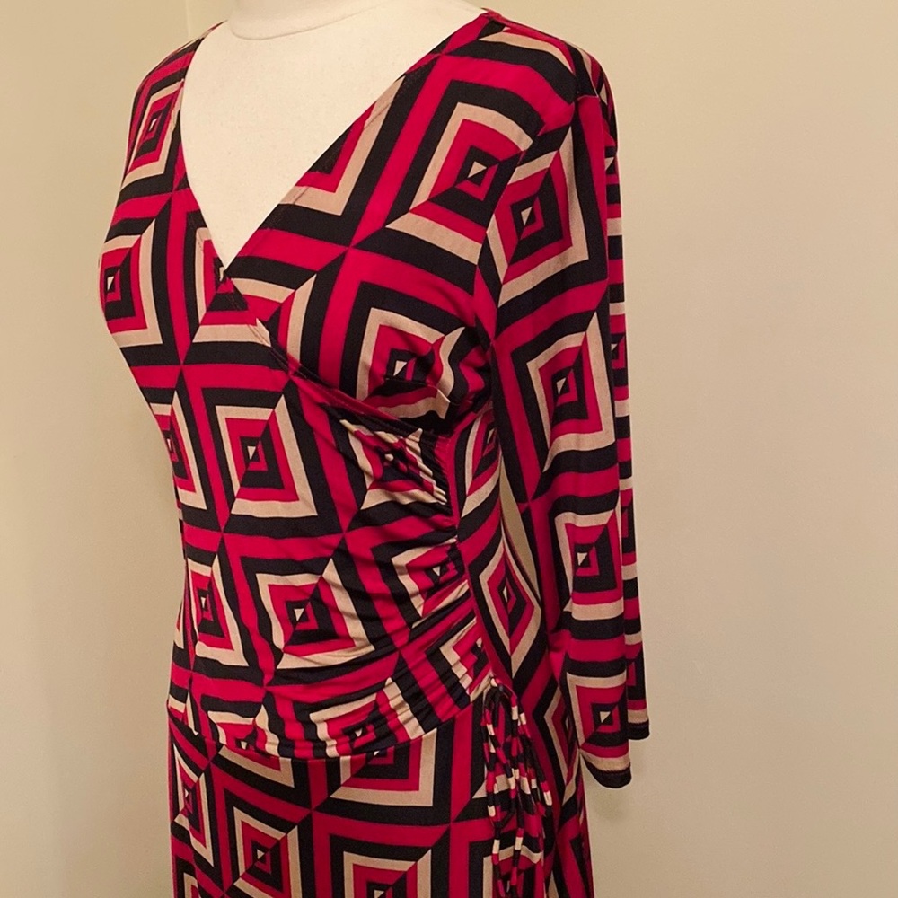 9 & Co Maroon Tan Geometric 10 Faux Wrap Retro Modern Career Chic Indie Dress - Picture 5 of 10